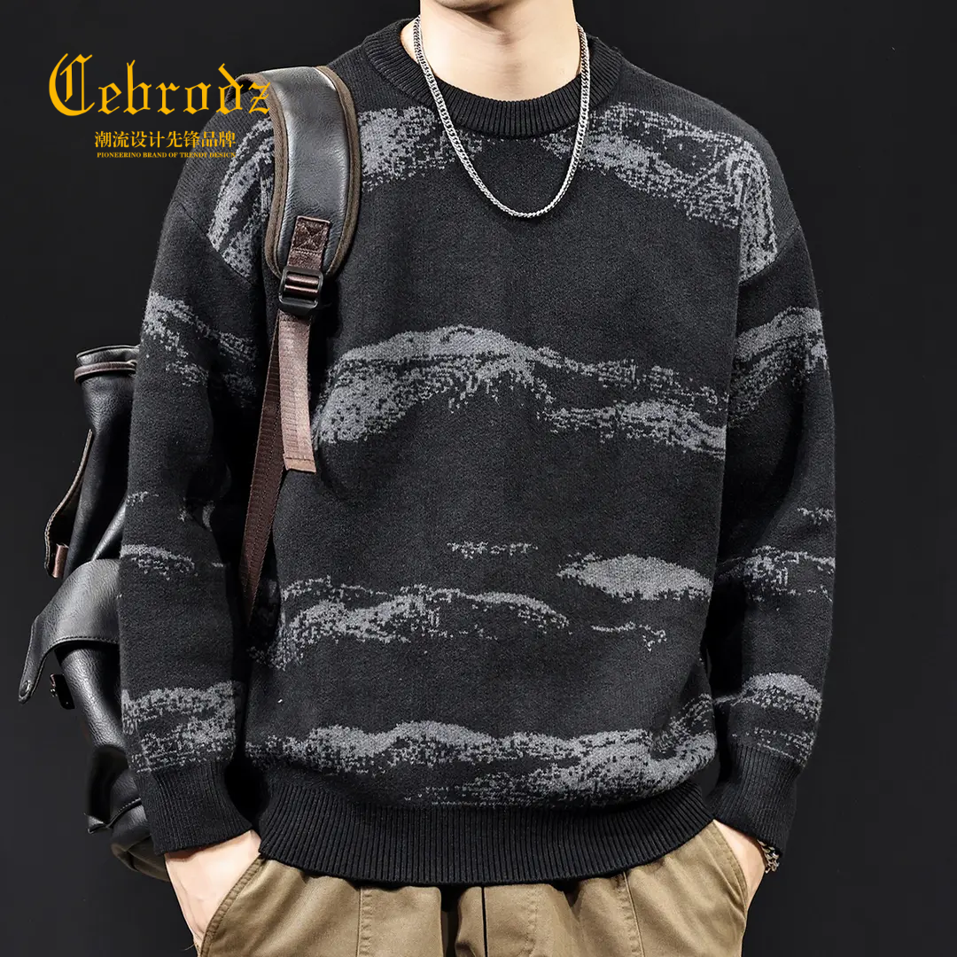 法国Cebrodz美式复古圆领套头提花针织衫男秋冬宽松百搭休闲卫衣