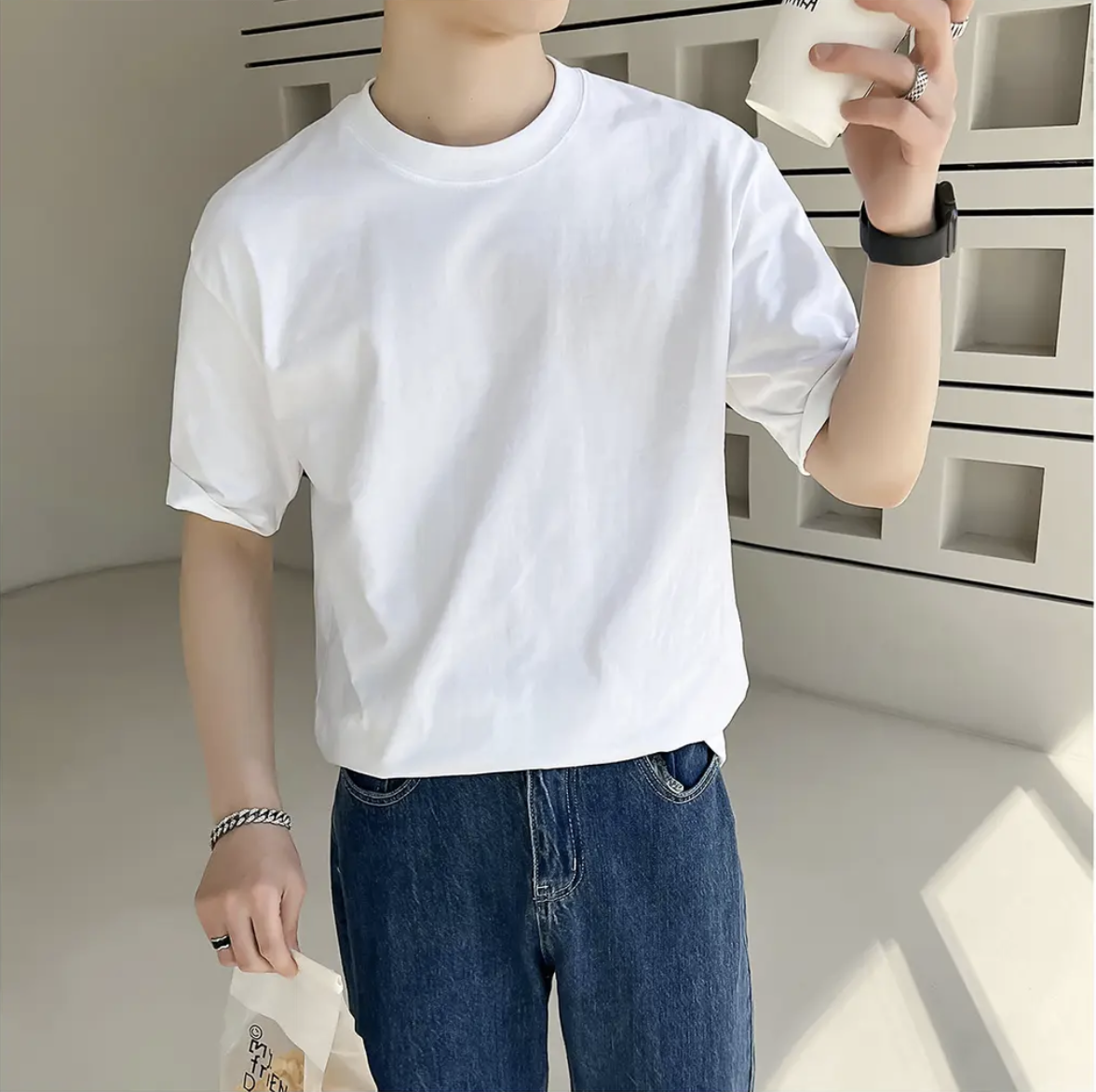 高品质男士短袖t恤重磅韩版纯棉圆领男装休闲宽松夏季半袖纯色T恤