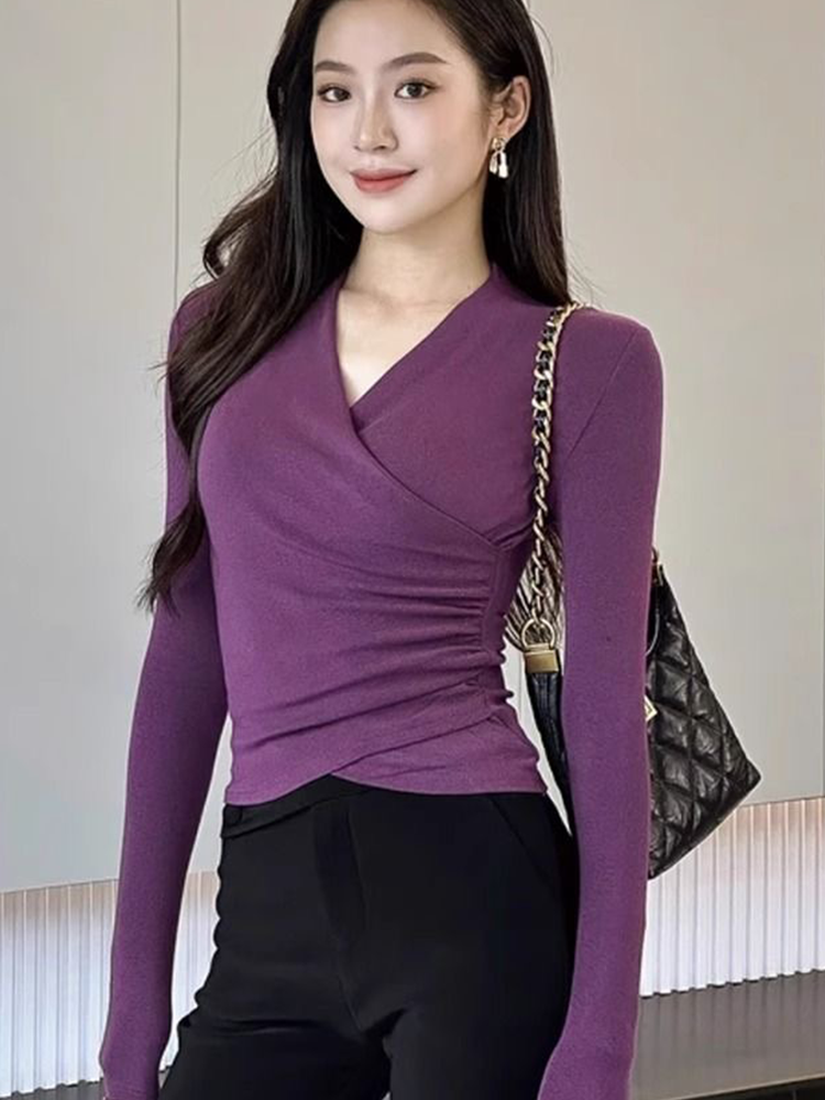 德绒今年流行纯欲风超好看女长袖潮T恤V领立冬季掐腰紫色打底上衣