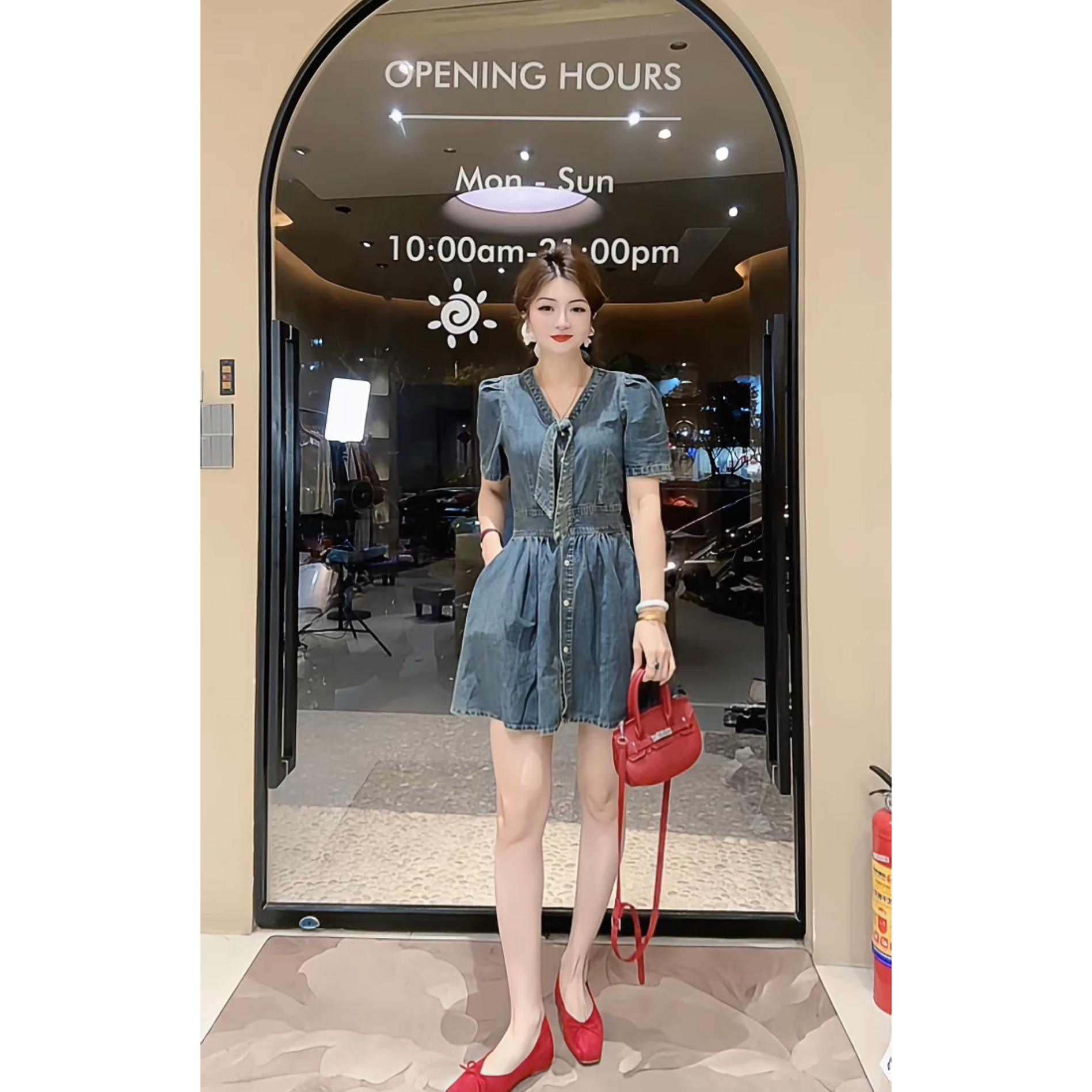 涵儿家 气质减龄领口系带收腰中长款牛仔连衣裙936