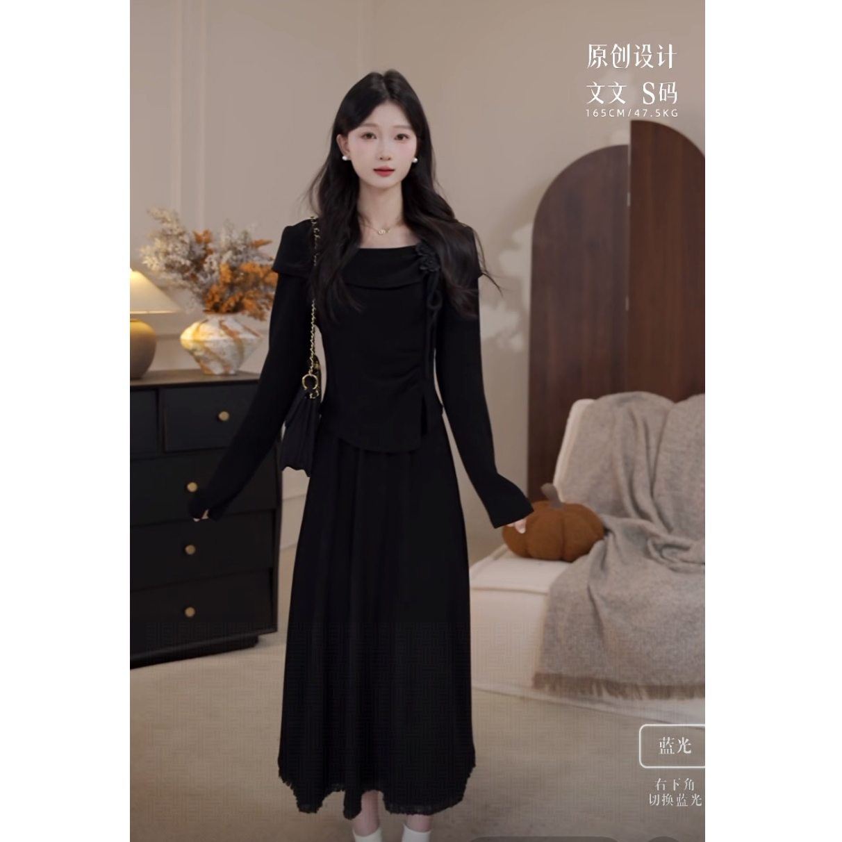 鹿向南「白茶少女」法式长袖方领连衣裙女秋设计感杏色收腰长裙