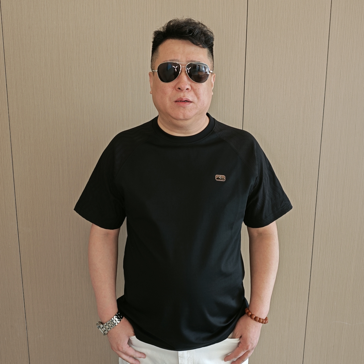 时尚纯色加大码男士夏季拼接休闲男短袖T恤衫大码男装圆领半袖FP