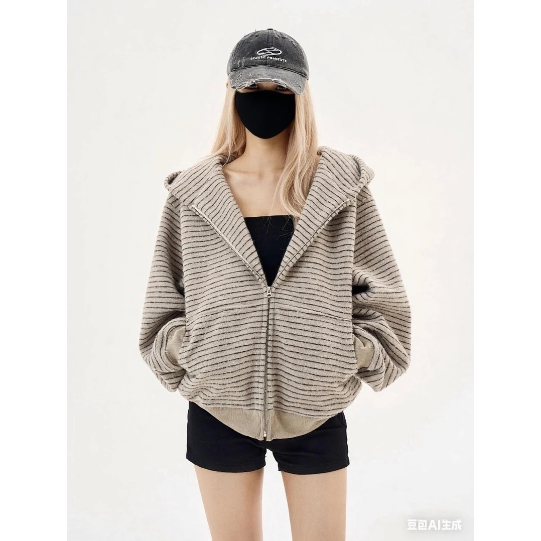 LIGGICC 早秋男女同款条纹连帽拉链外套小众宽松美式开衫卫衣潮