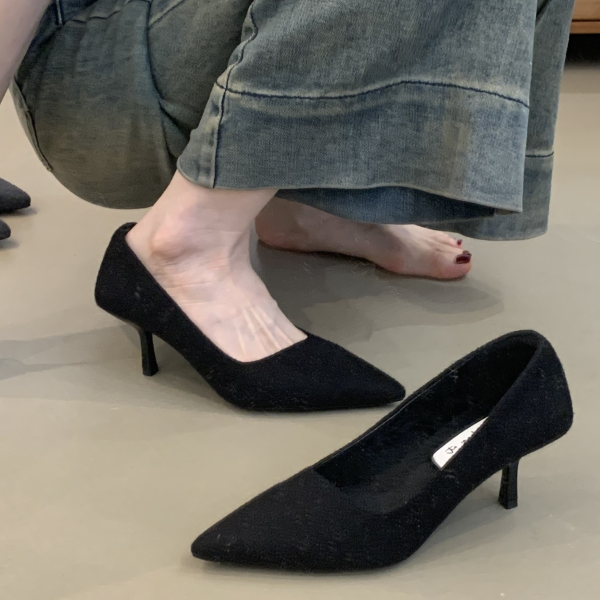 MDH-A189-3法式高跟鞋女鞋2025秋冬复古毛呢简约尖头浅口细跟单鞋