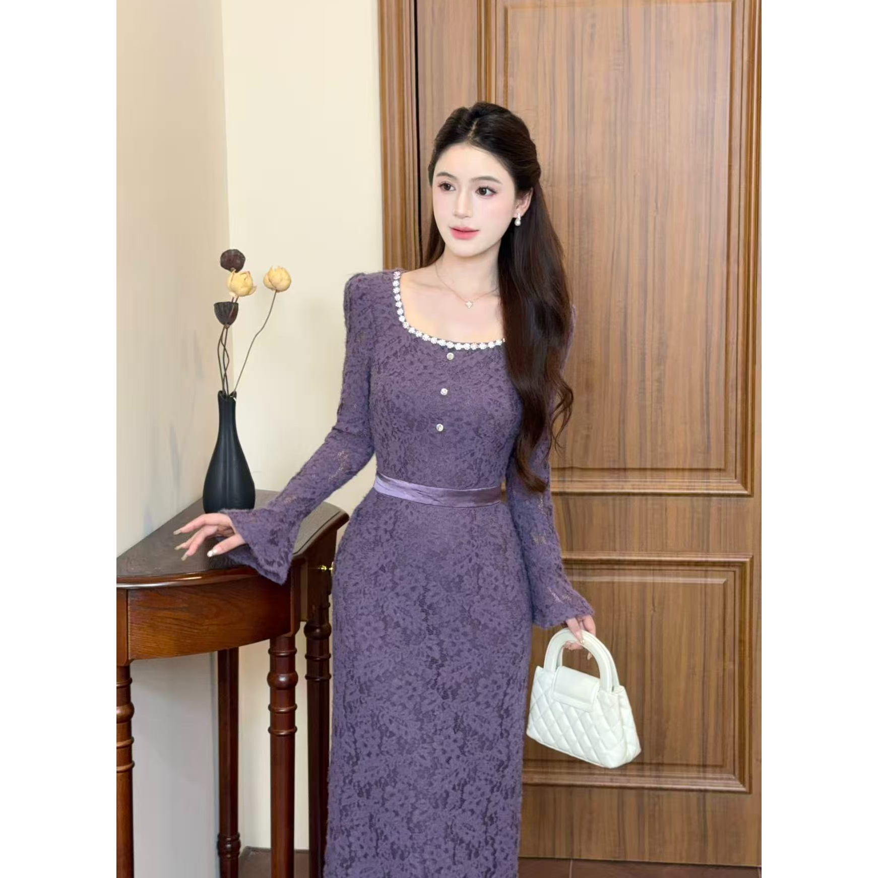 LiLi李李家【紫棠】温柔风时尚紫色蕾丝收腰显瘦秋冬连衣裙XMZH9585