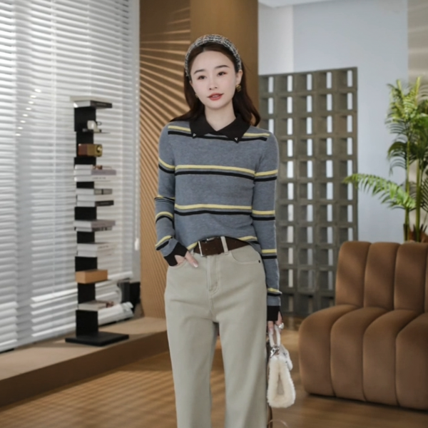 HELA AOMI “彩虹线”绵羊毛撞色横条纹翻领显瘦针织衫CY5DC33481