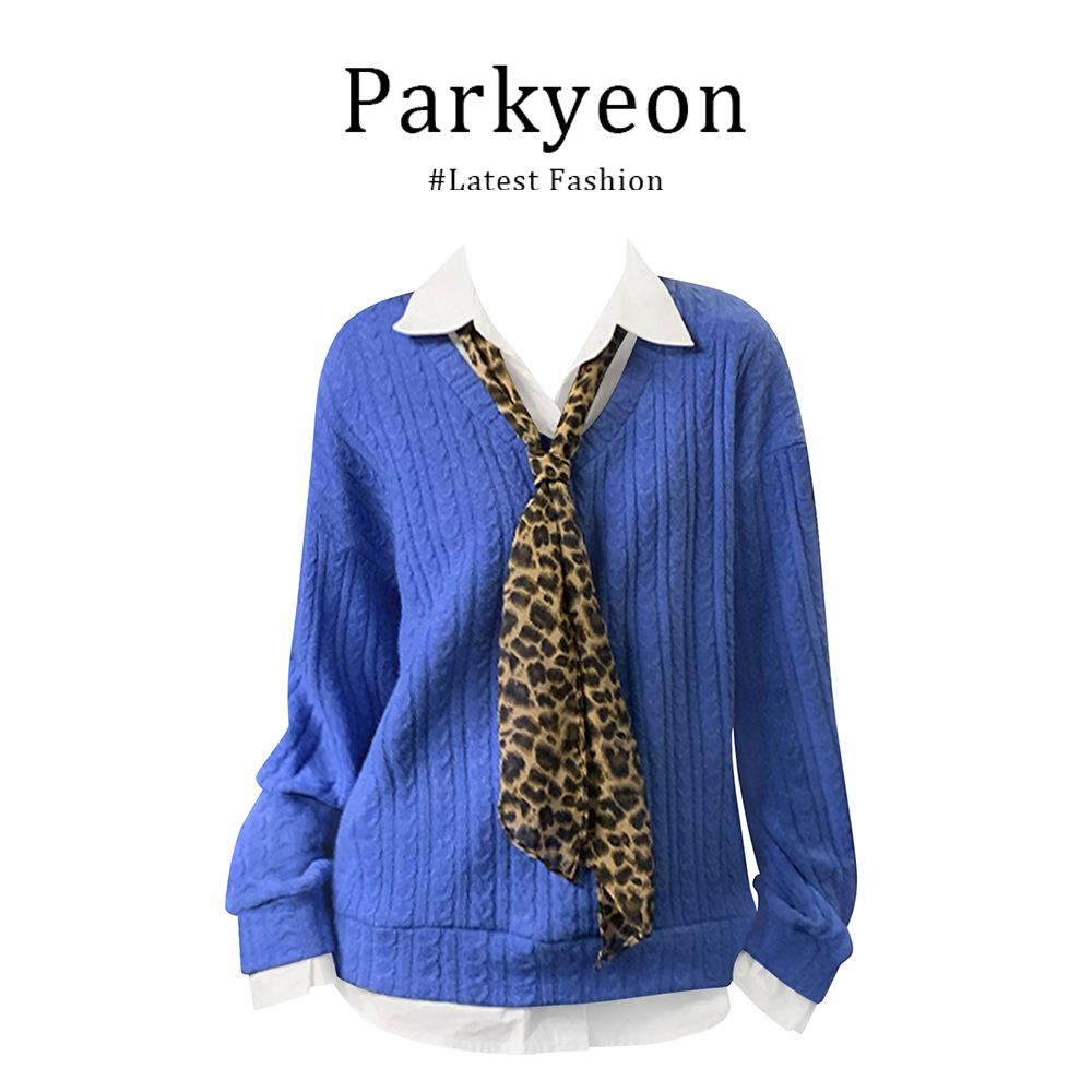 parkyeon克莱因蓝假两件麻花毛衣女冬季新款宽松高级感翻领上衣