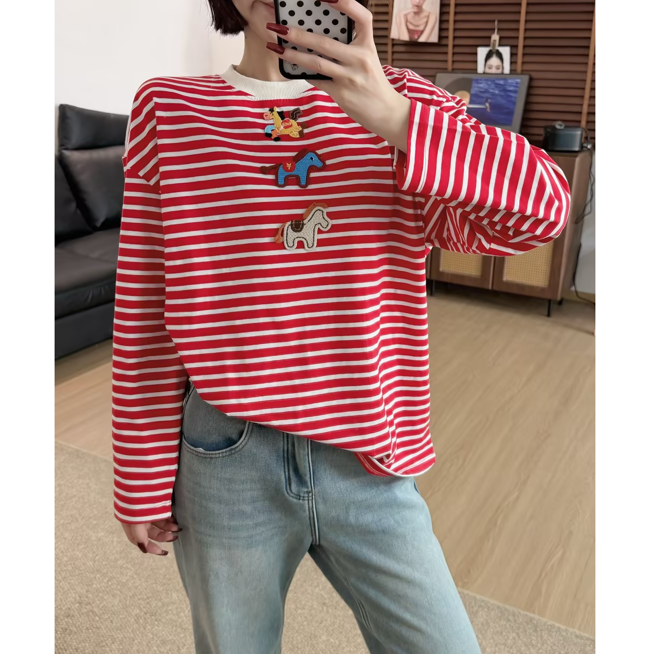 （杜思蒙服饰）9057-【宝藏衣橱】韩系休闲时尚条纹刺绣打底衫