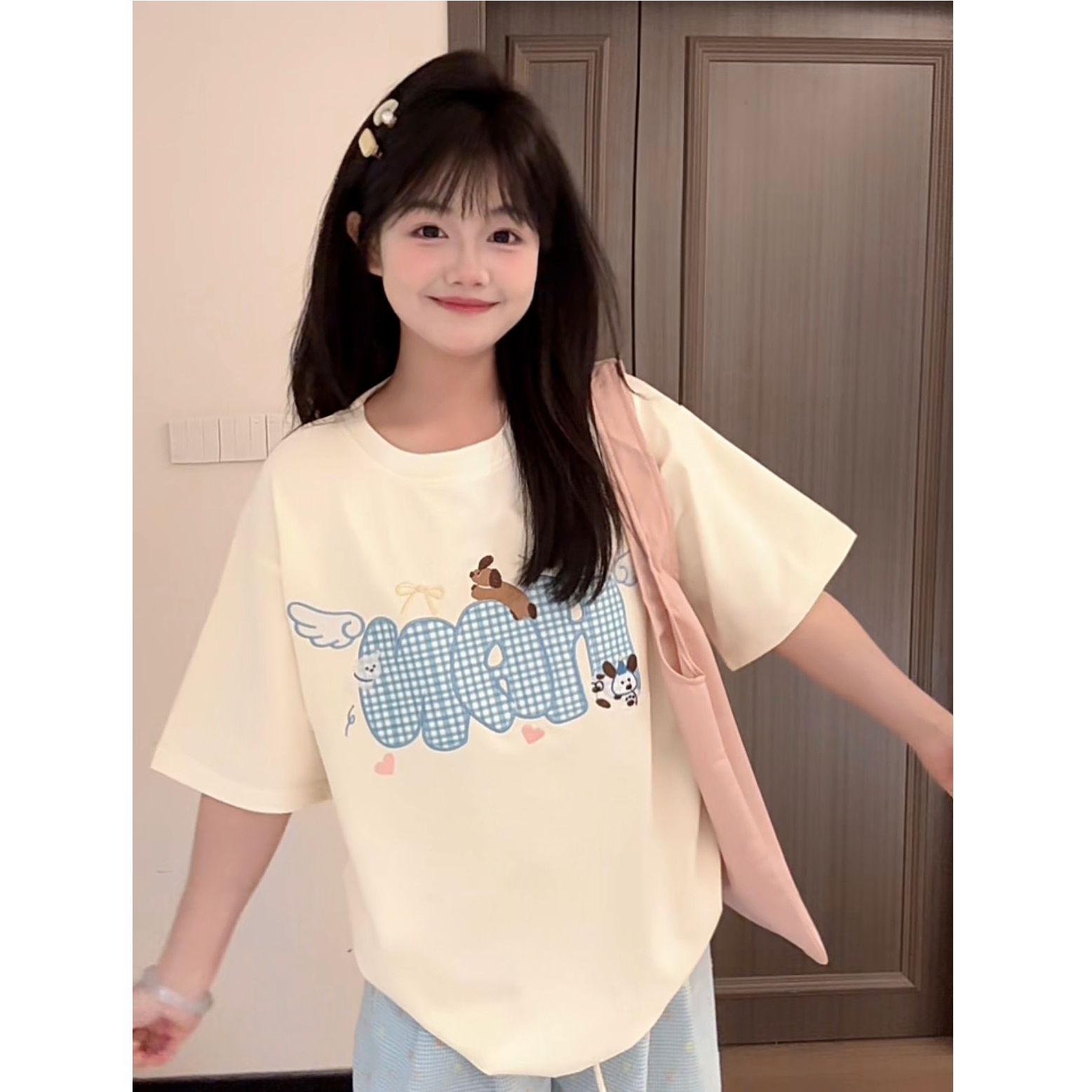 HandSeven【小狗天使】夏季可爱风重磅短袖格子贴布刺绣小狗T恤