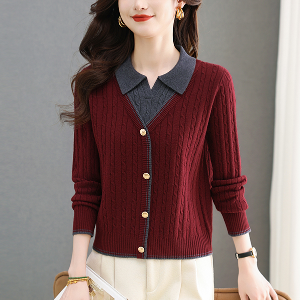 秋冬时尚假两件套头毛衣女2025爆款洋气翻领羊毛打底衫