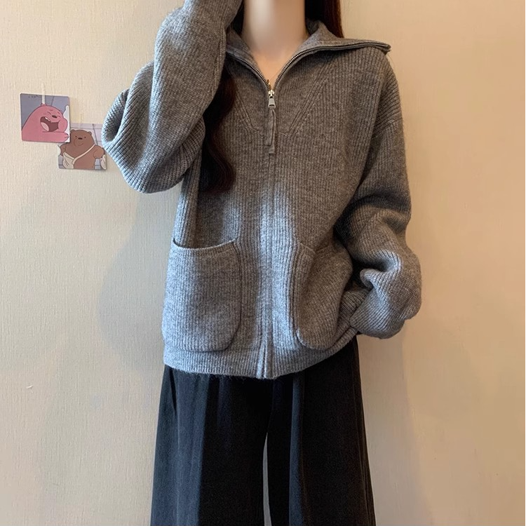 大口袋羊毛灰色翻领针织开衫毛衣外套女春秋季大码胖mm慵懒风上衣