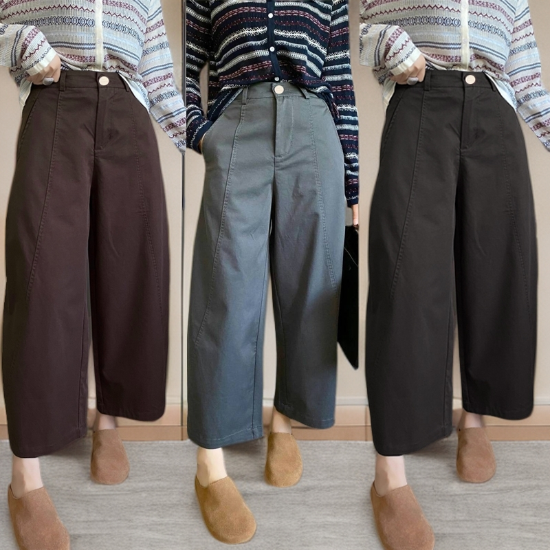 【100纯棉】秋冬窄版阔腿裤子女小个子九分弯刀宽松高腰显瘦休闲裤