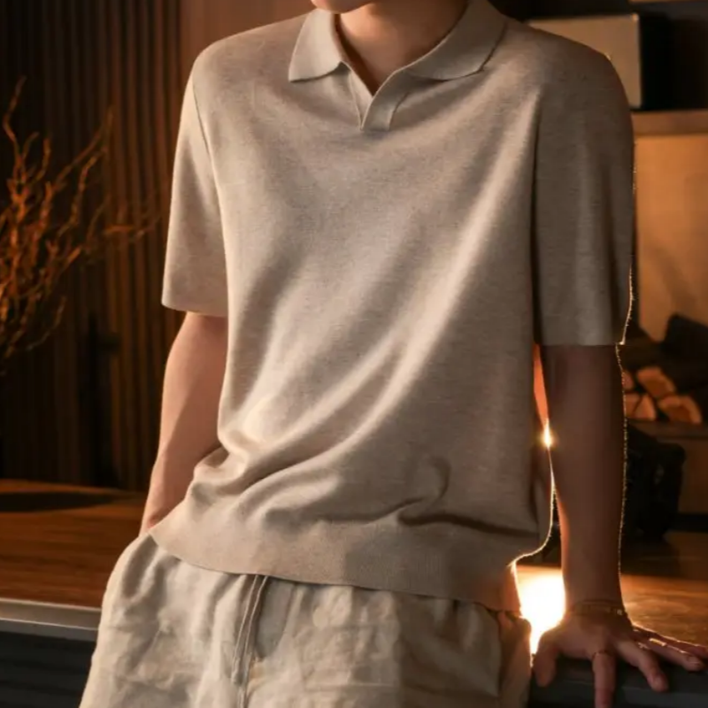 桑蚕丝松弛新贵高端老钱风海鸥领短袖针织男士polo衫高端奢侈品潮
