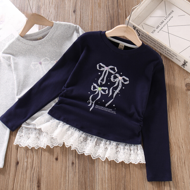 女童长袖t恤春秋超好看蕾丝独特小女孩洋气儿童甜美韩系印花上衣