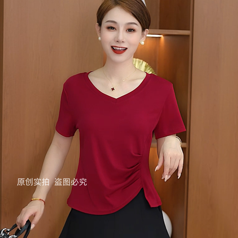 新款v领正肩短袖T恤女夏设计感不规则修身褶皱遮肚显瘦百搭上衣潮