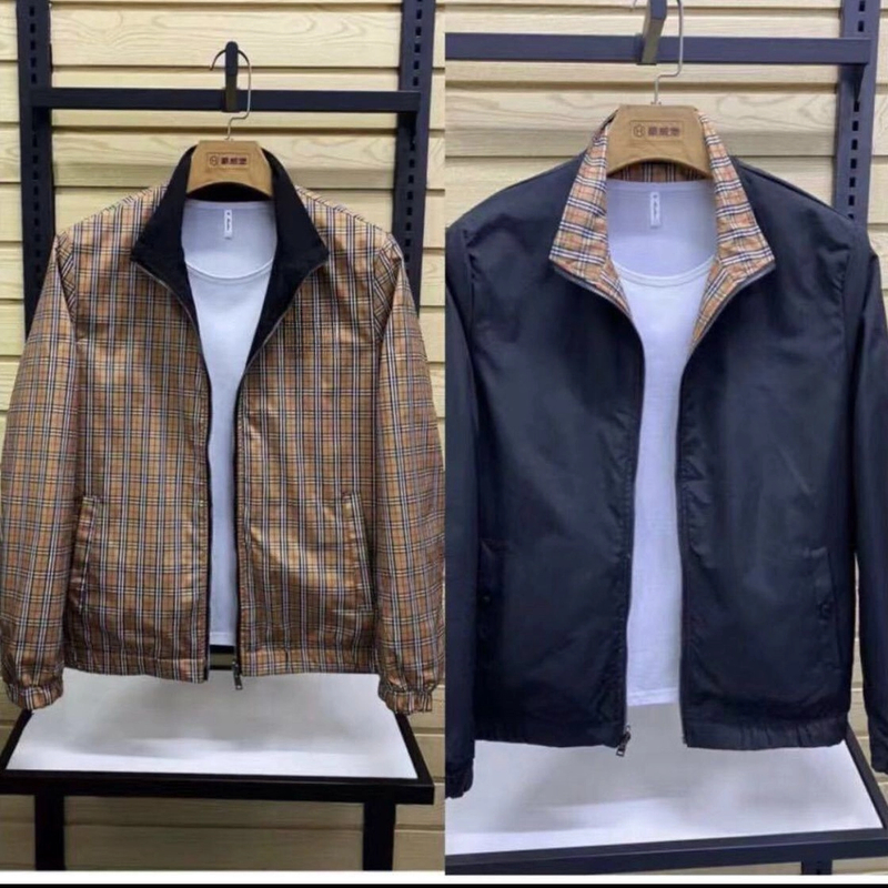 春秋新款休闲立领夹克男装时尚格子百搭两面外套双面