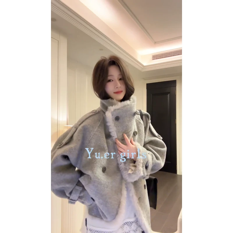 复古氛围感毛领加厚宽松设计感毛绒新款毛呢外套女秋冬