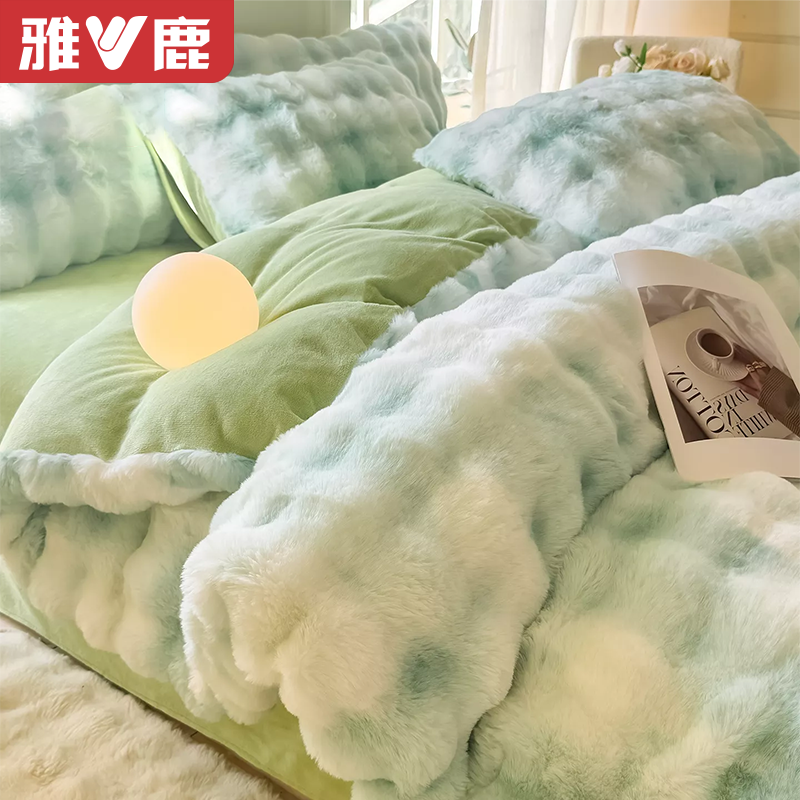 雅鹿冬季加厚仿兔绒牛奶绒被套单件加绒法兰绒被罩毛绒珊瑚绒被单