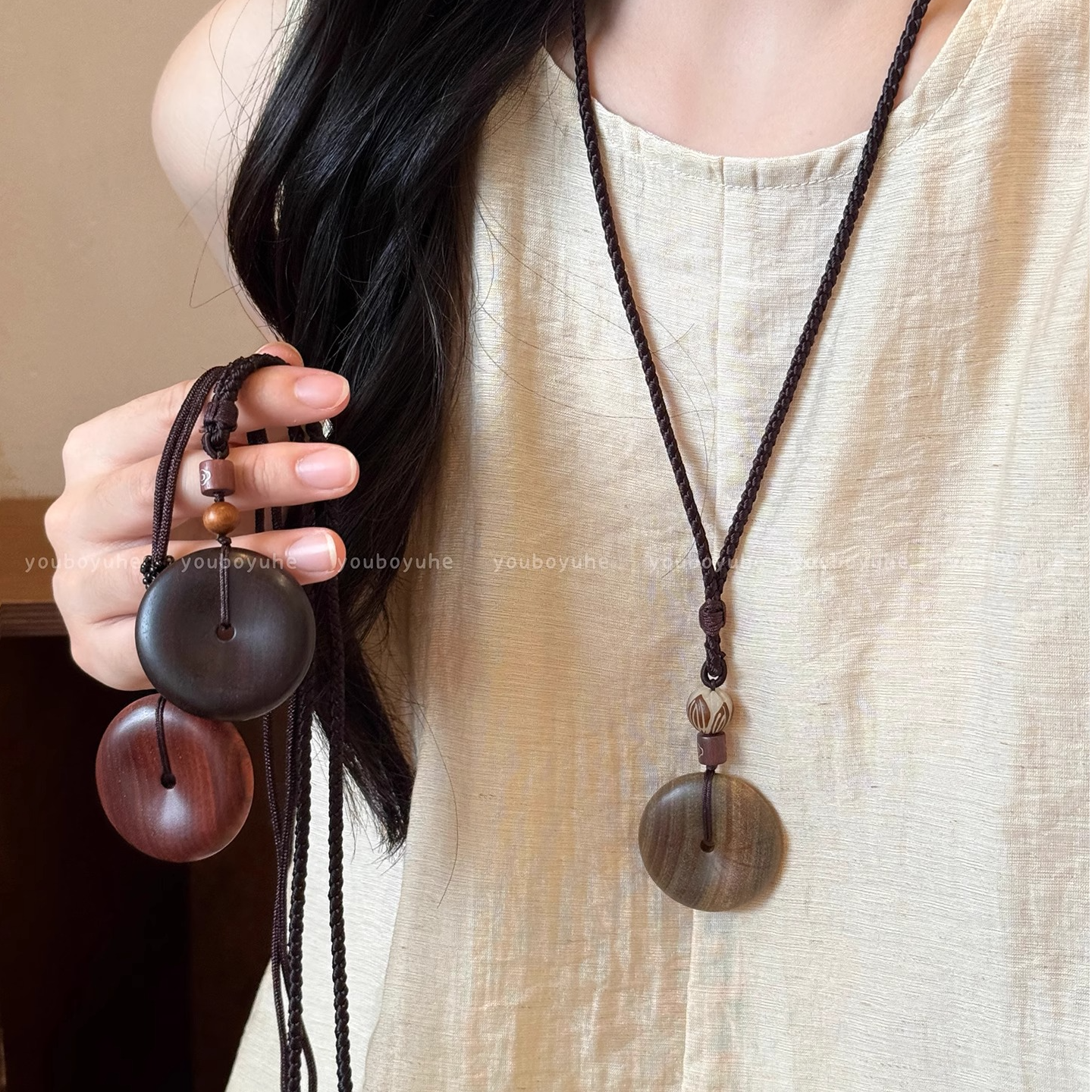 非金属布艺项链 国风禅意平安扣项链女新中式长款编绳锁骨链配饰