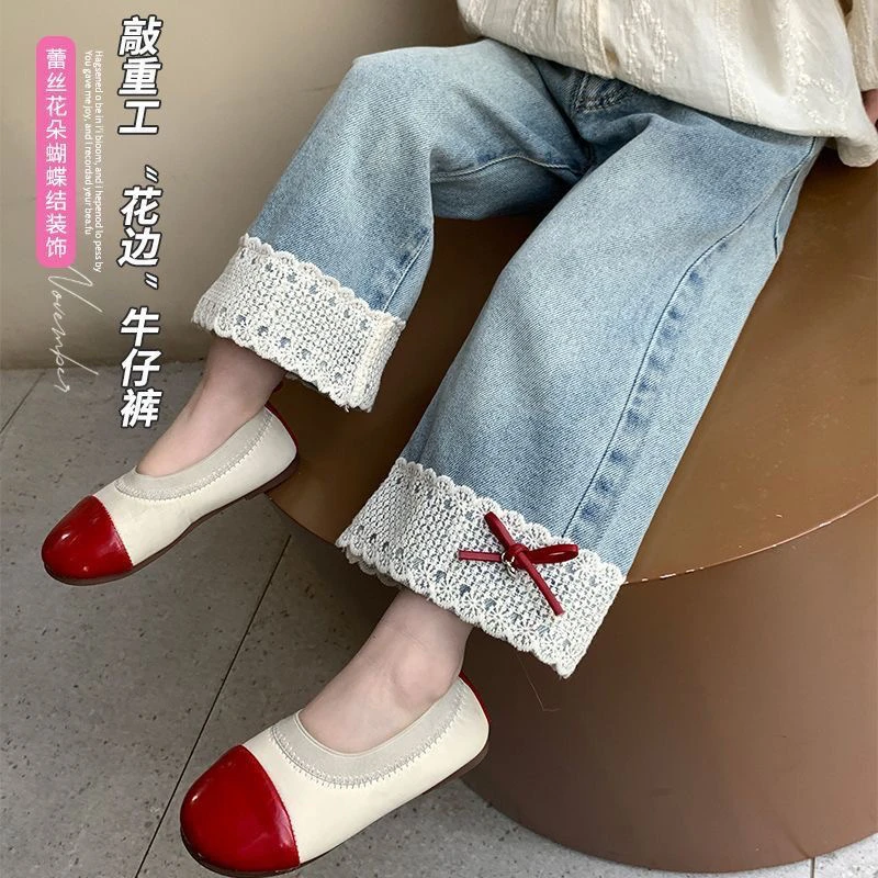 【爆款1】女童秋季儿童牛仔裤女宝宝秋装直筒裤蝴蝶结休闲长裤高腰