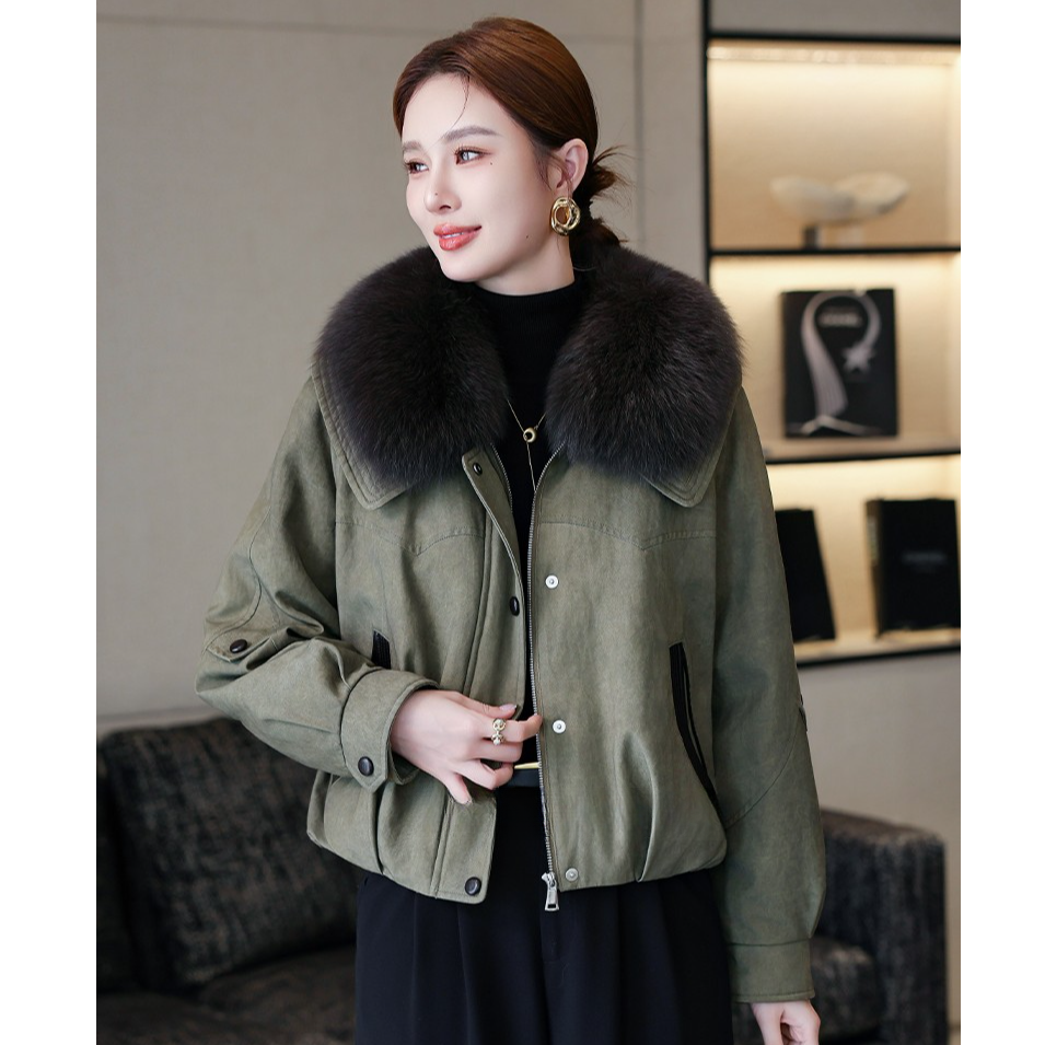 拉夏贝尔派克服女2025冬季新款时尚大毛领韩版气质短款小个子外套