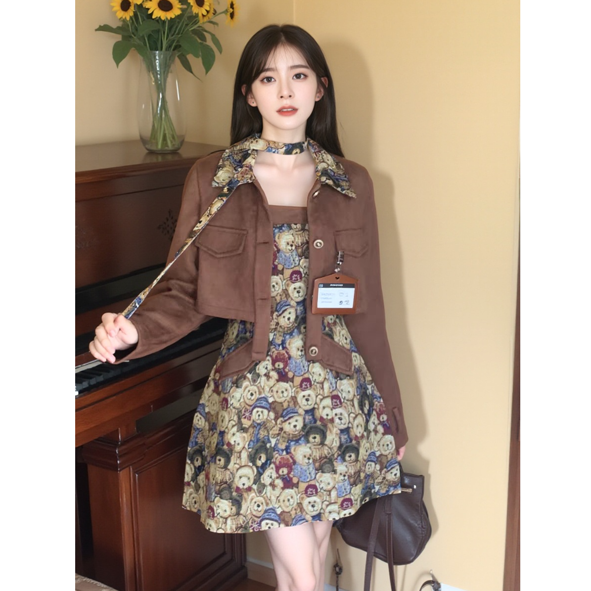 YH-66605大码女装胖mm学院风可爱小熊减龄套装连衣裙2025春秋新款