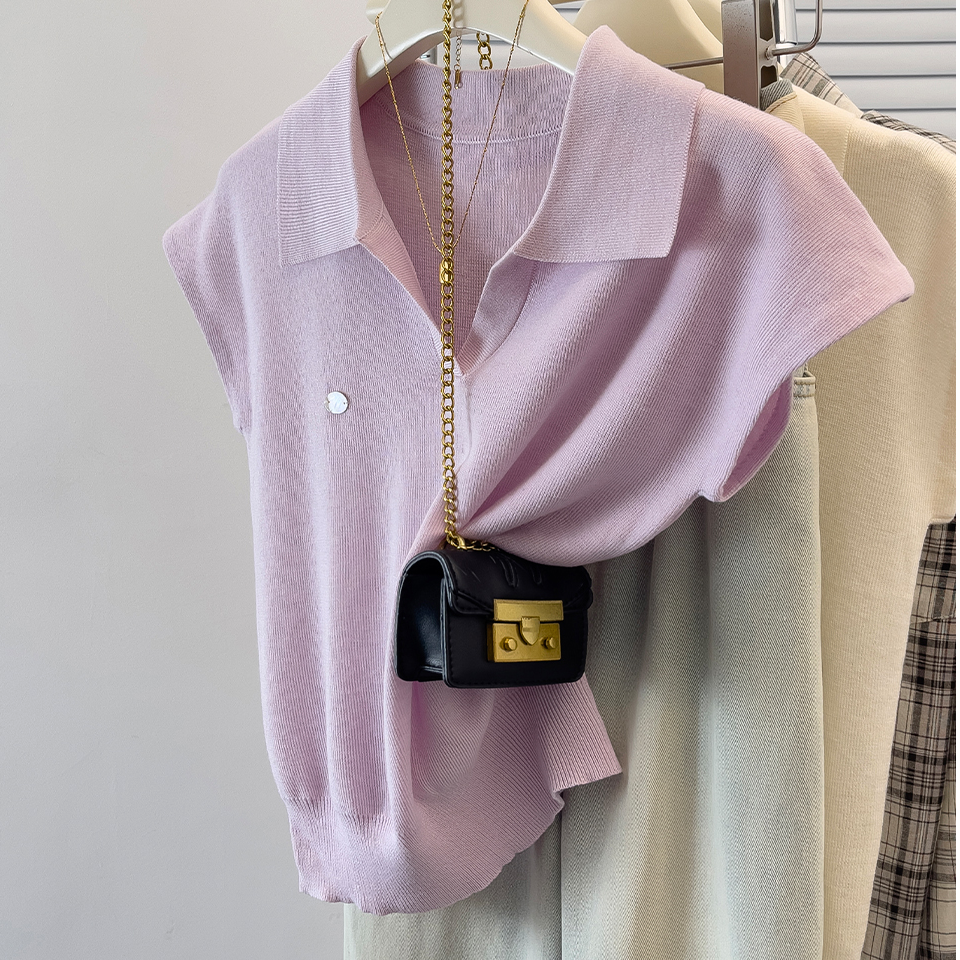 【80-180斤】Polo领冰丝短袖T恤女夏季宽松遮肚百搭飞飞袖针织上衣