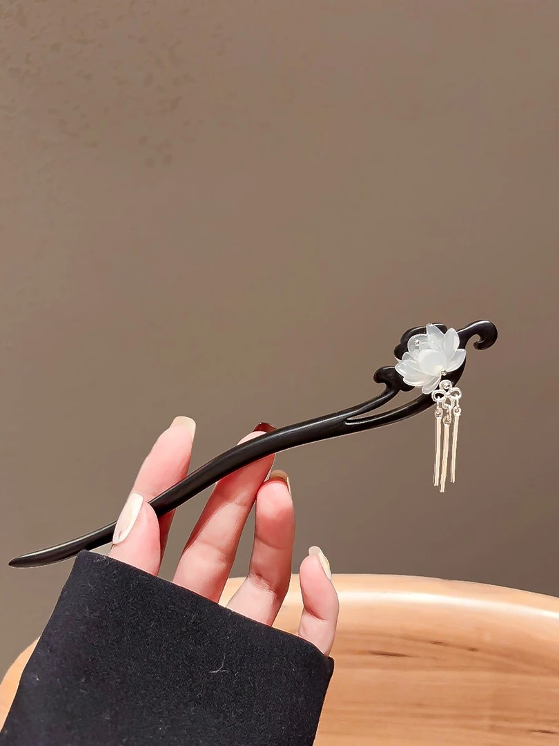 古风莲花檀木发簪女中式步摇流苏盘发簪子日常简约高级感发钗配饰