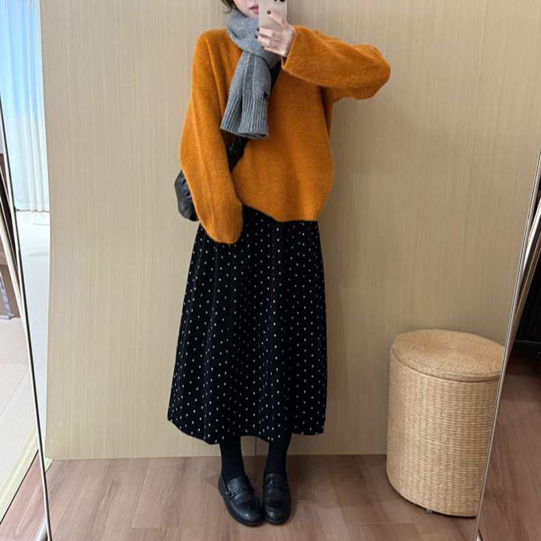波点灯芯绒加绒半身裙女2025秋冬新款梨形身材高腰显瘦A字裙伞裙