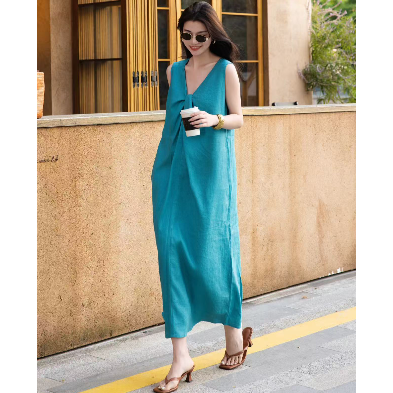 ZEROYK度假风连衣裙绝美蓝色100亚麻蓝色多瑙河扭结宽松连衣裙