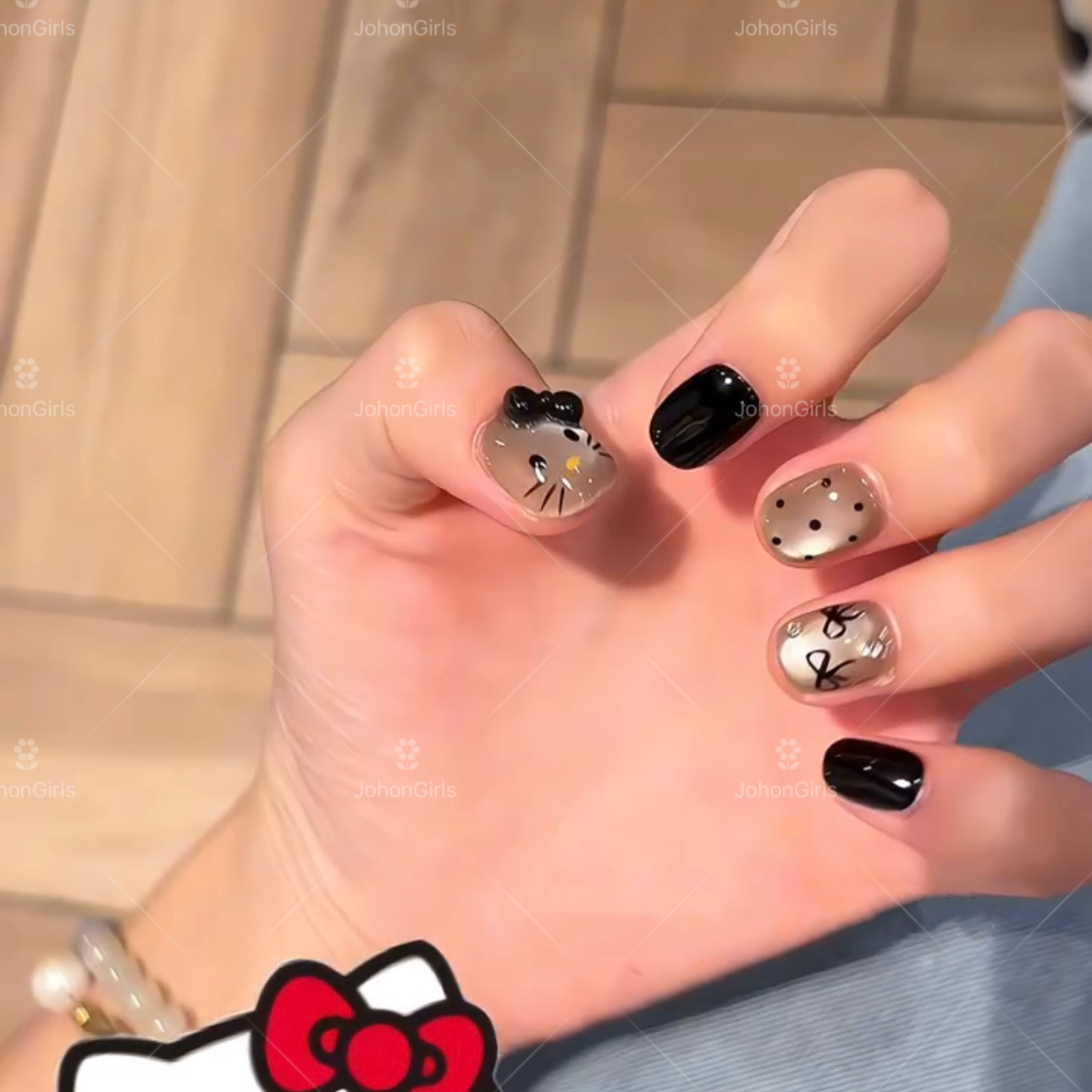 JohonGirls'/琴岛小嫚【黑皮Kitty】蝴蝶结波点黑色猫咪手工穿戴甲