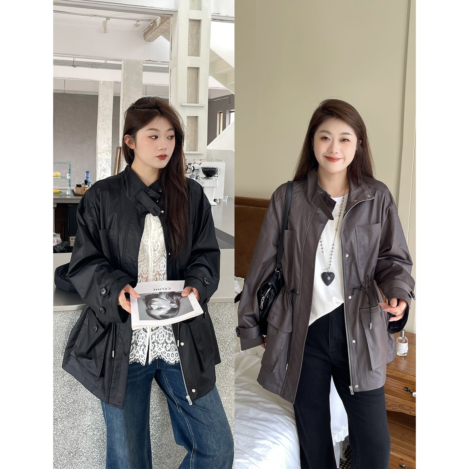 裂渡宣宣【摩登秋日】微胖大码女秋复古气质显瘦抽绳外套ZY507V43