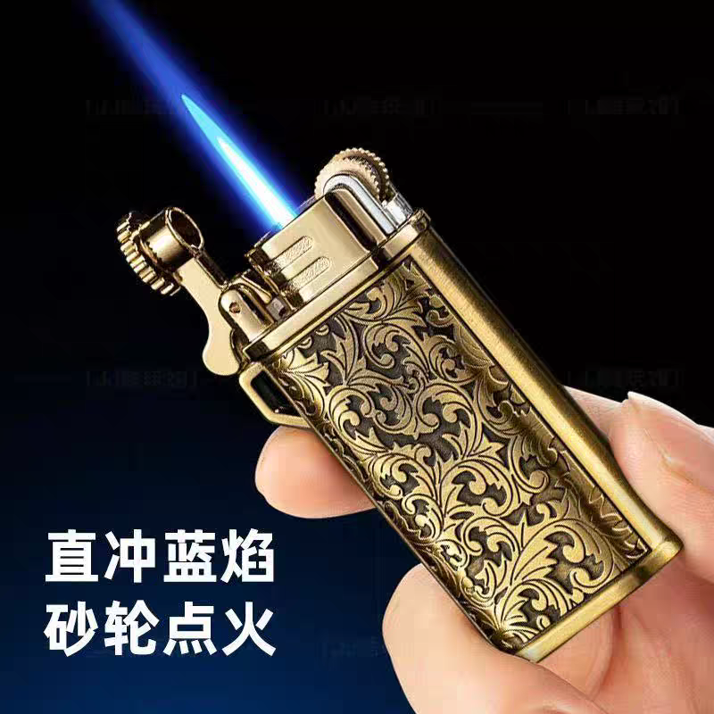 创意金属蓝焰翻盖砂轮单直冲打火机高档礼品