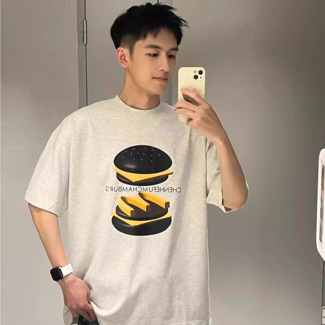 重磅纯棉美式高街汉堡印花短袖T恤男款夏季宽松圆领痞帅体恤衫ins