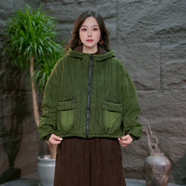 【短款炒色拉链麻料棉衣】保暖连帽棉服百搭棉衣上衣短款复古加厚