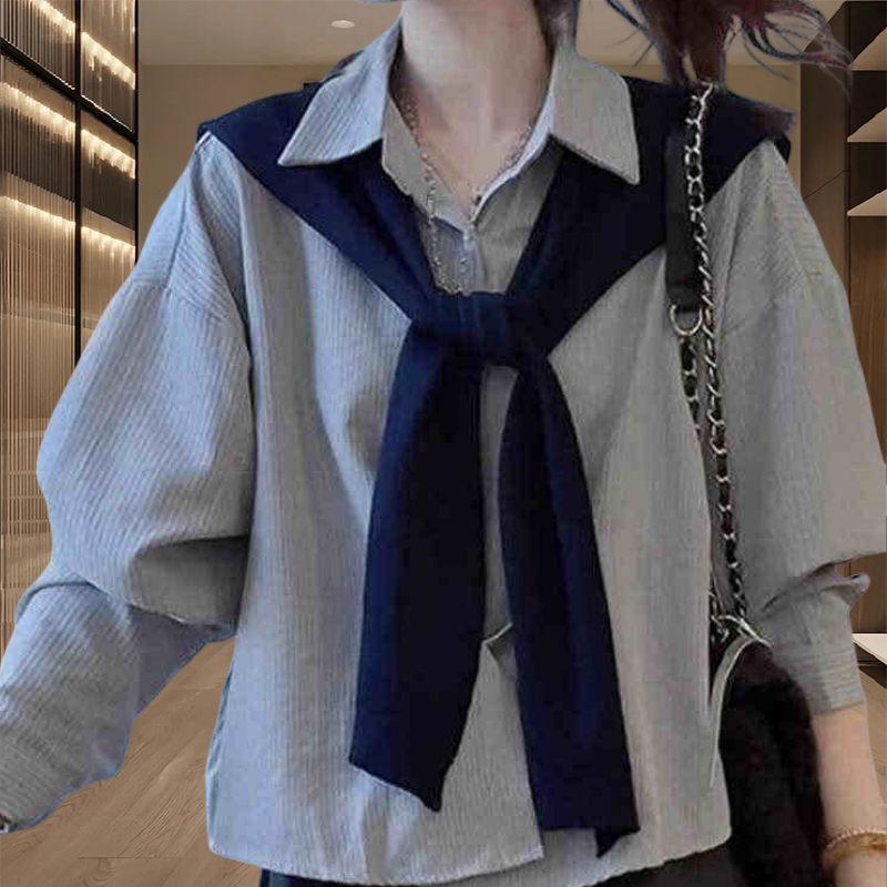2025春秋季新款女士韩系条纹披肩长袖衬衫两件套宽松显瘦减龄上衣