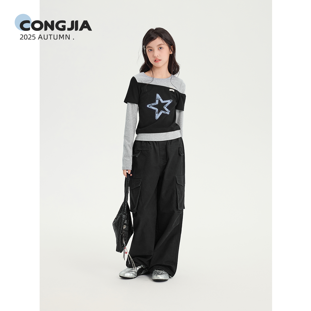 【为你闪耀】聪家女童假两件拼接打底衫儿童洋气五星印花长袖上衣