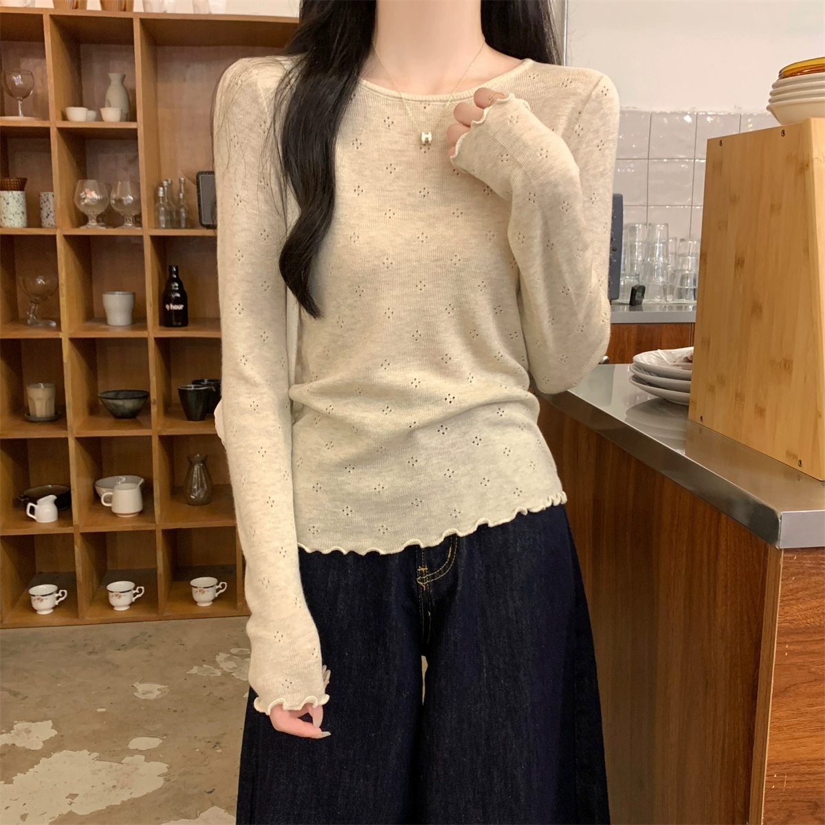 花倾慕软糯温柔风秋冬木耳边长袖毛针织衫修身内搭打底衫上衣5558