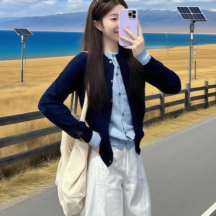 早秋氛围感穿搭假两件针织上衣气质高级感短款韩系开衫毛衣外套女