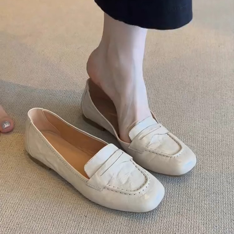 啤梨~小羊皮复古方头一脚蹬乐福鞋通勤百搭舒适平底小皮鞋单鞋女