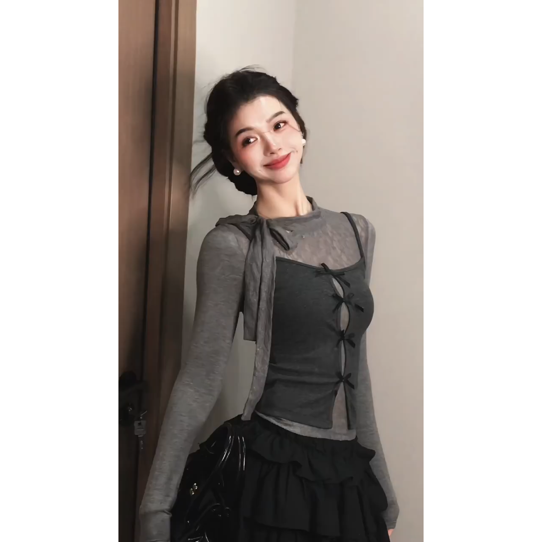 parkyeon法式灰色假两件蝴蝶结上衣女小个子甜美减龄蓬蓬短裙子