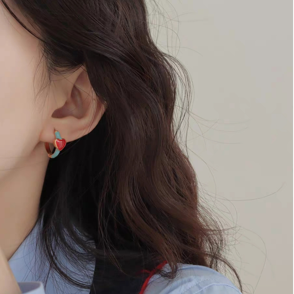 铜合金耳饰 H044无耳洞蚊香盘耳夹温柔珐琅爱心耳扣小众设计耳环