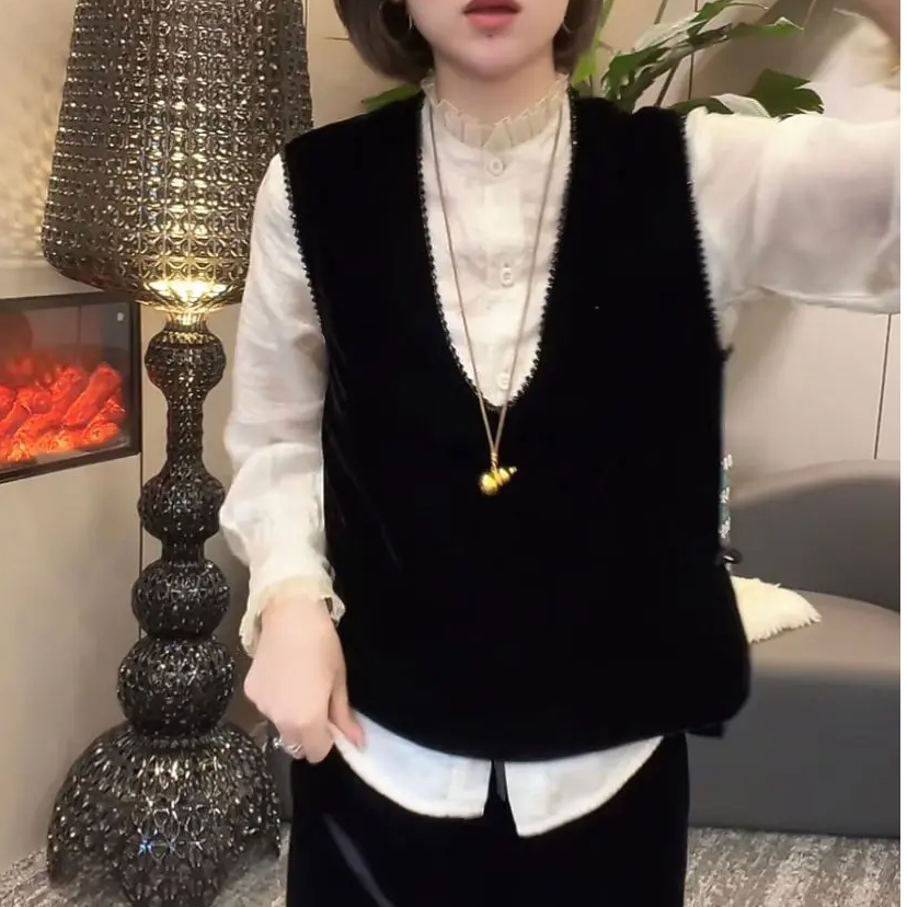 金丝绒新款两件套百搭马甲衬衫背心简约洋气无袖宽松时尚显瘦上衣