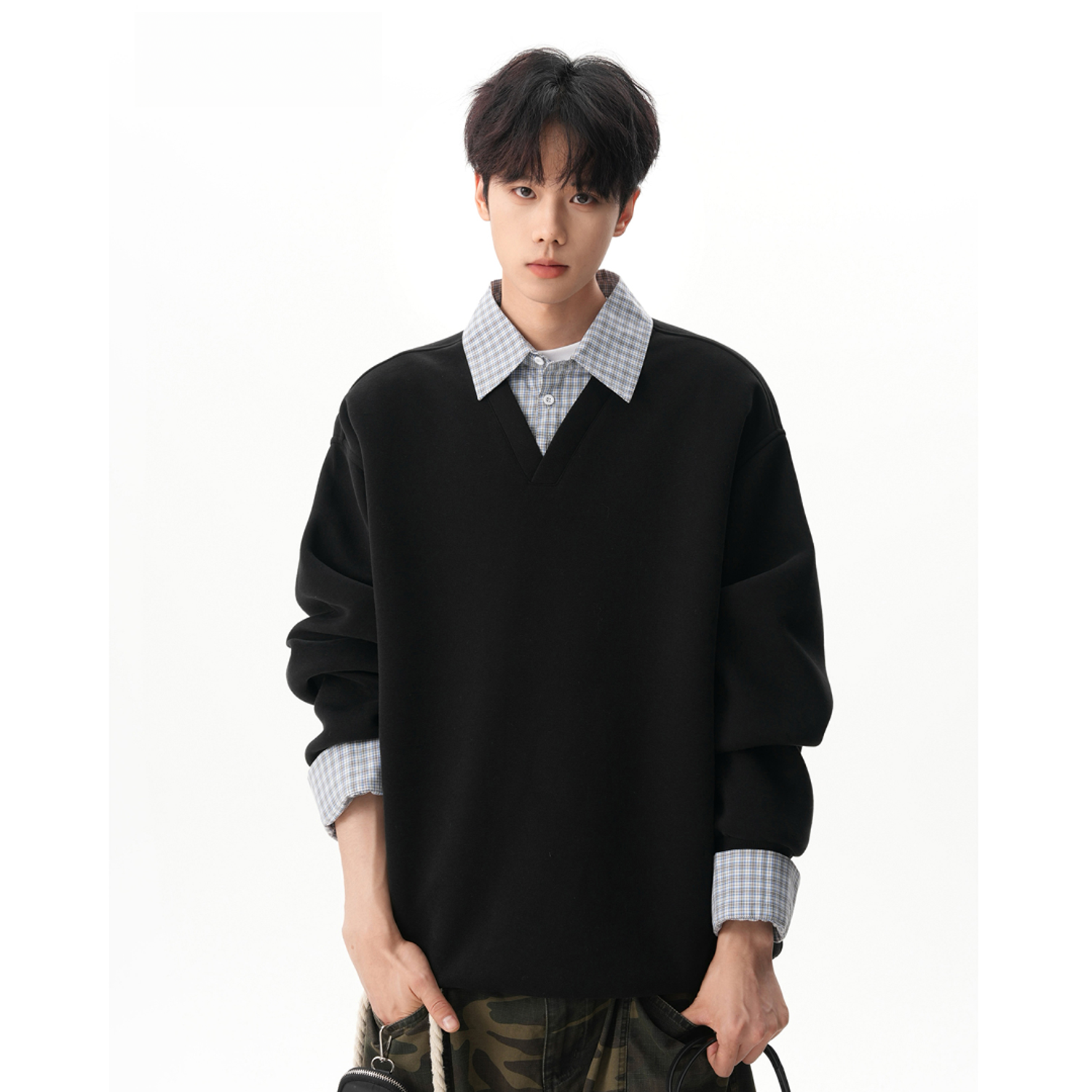 加绒重磅格纹假两件翻领卫衣男女秋季撞色拼接Polo领长袖套头衫