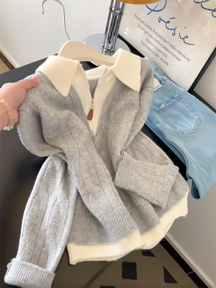 设计感半拉链翻领假两件长袖针织衫女2025秋冬新款慵懒风软糯毛衣