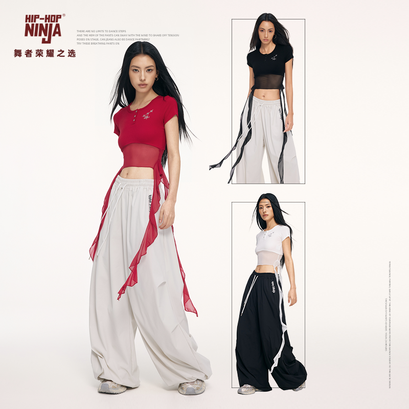 HIPHOP NINJA街舞跳爵士舞夏季短袖女KPOP辣妹流苏网纱飘带上衣潮