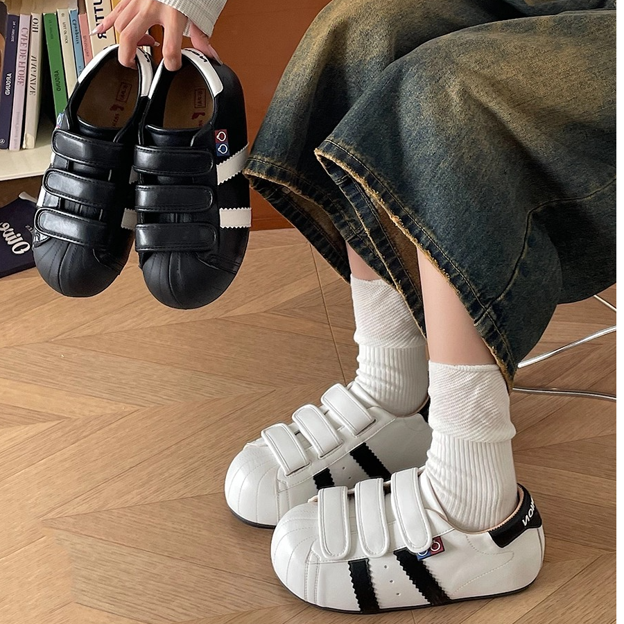 厚底魔术贴丑萌德训鞋女2025夏季新款增高百搭贝壳头休闲大头板鞋