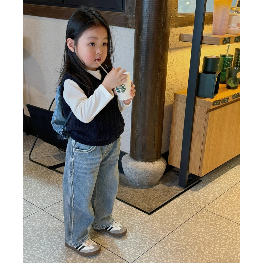 壹妈童装春秋新款套装韩版深蓝色麻花针织背心男女童休闲牛仔裤