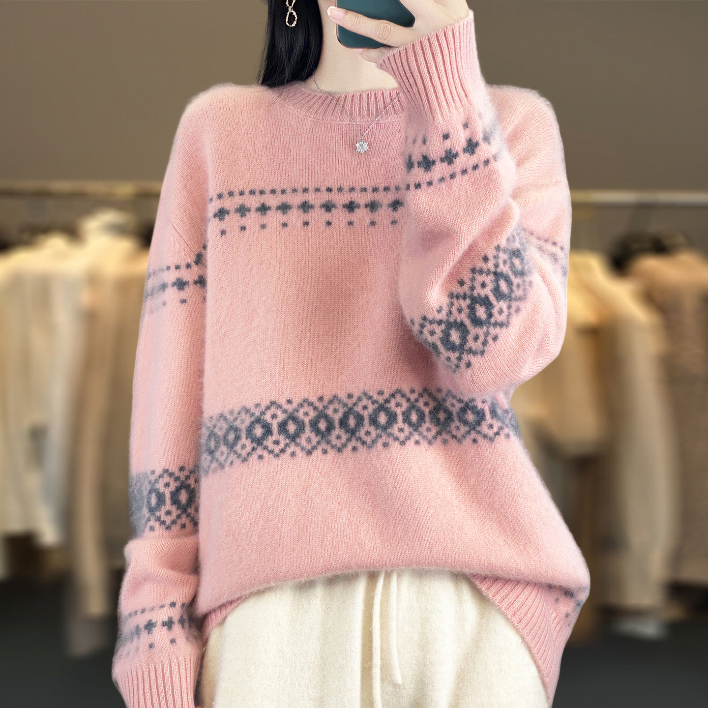 100纯羊毛衫微胖mm秋冬特大码女士条纹毛衣高级感内搭针织打底衫