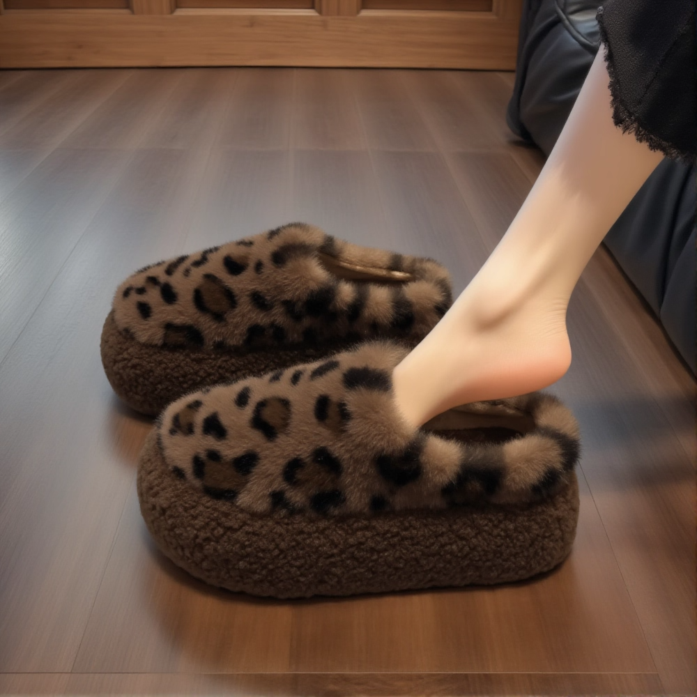 羊羔绒豹纹包头毛毛拖鞋女2025新款冬季厚底增高小个子加绒棉拖鞋